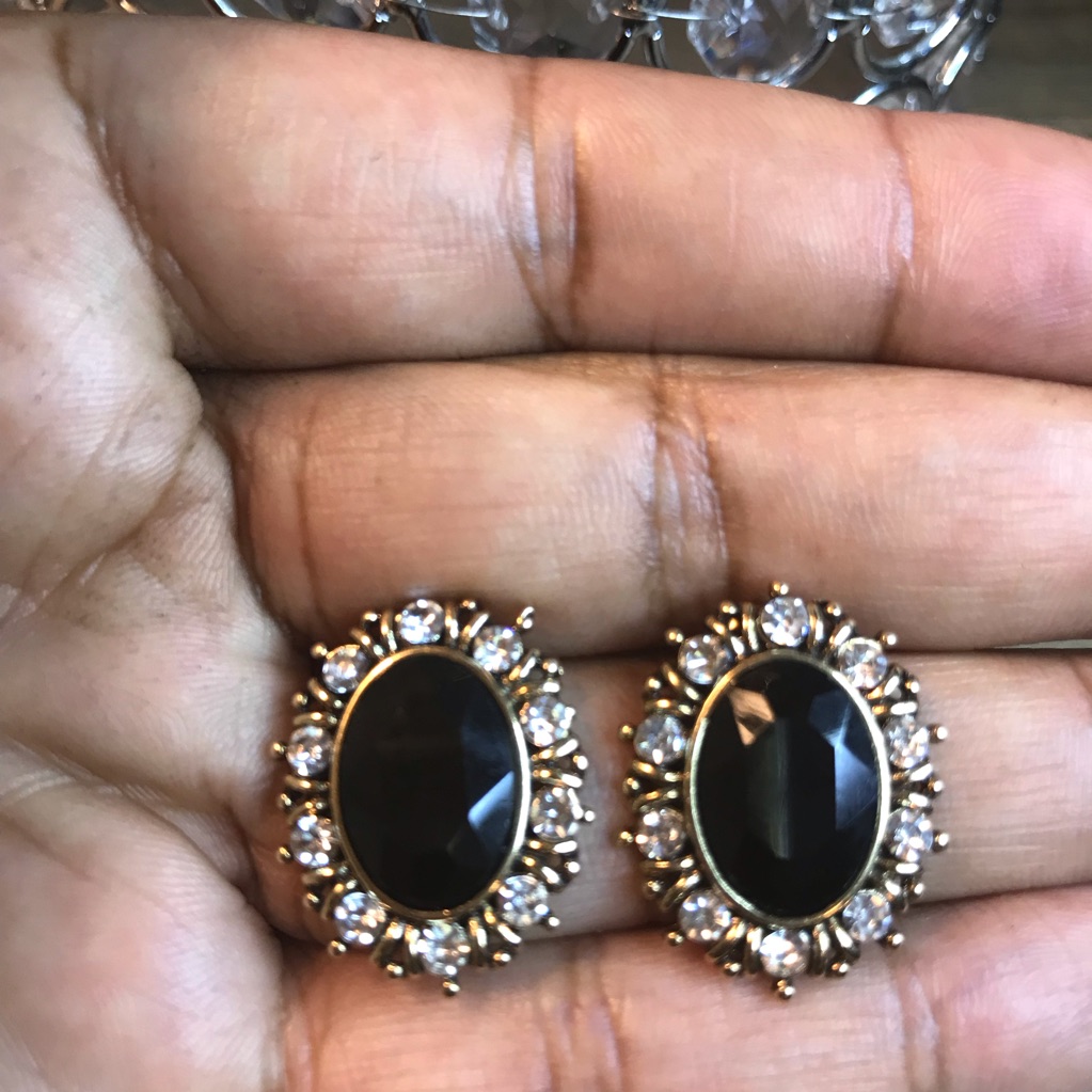 Vintage 1980 Solid Silver Onyx Gold Plated Oval Rhinestone Black Stud Earrings 22$
